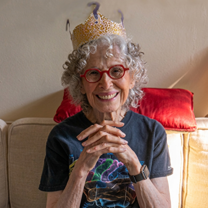 Headshot of Myrna with the question queen crown